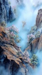 Fototapeta premium A serene landscape featuring rocky cliffs and blooming trees enveloped in mist, capturing the beauty of nature and tranquility.