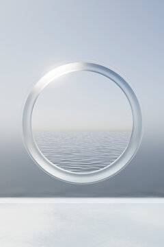 Minimal vertical ocean scene with circular porthole frame