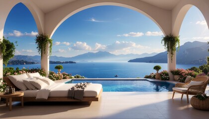 A beautiful terrace facing a calm lake surrounded by mountains under a bright sky, captured in realistic detail