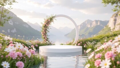 Clear mountain stream flowing through a meadow surrounded by vibrant flowers and grass
