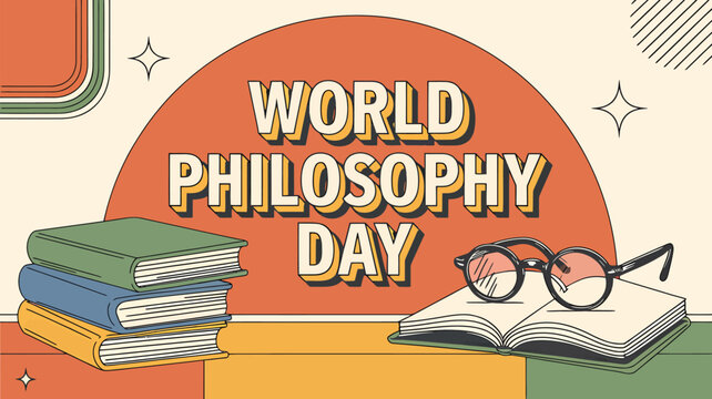 Vector art of world philosophy day celebration with books and glasses, representing knowledge and learning