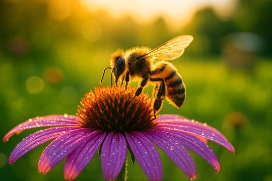 Honey bee collecting nectar on a vibrant purple coneflower with morning dew in golden hour light