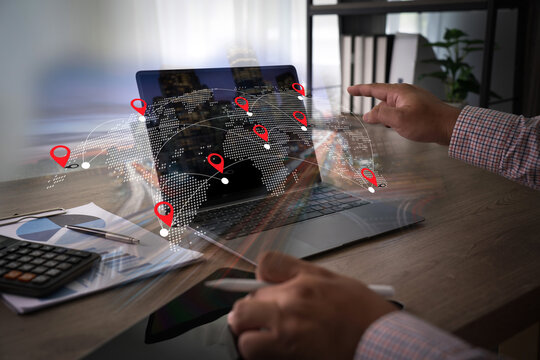 GPS tracking system real-time person interacts with digital map showing multiple location markers and route connections, indicating navigation