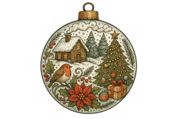 Christmas ornament featuring winter scene with cozy cabin, snowy trees, robin, poinsettia, and decorated holiday tree
