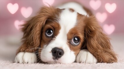 Adorable brown and white Cavalier King Charles Spaniel puppy lying on pink Valentine&rsquo;s Day background cute dog portrait for greeting cards love theme romantic holiday pet photography studio shot