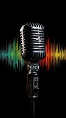 Fototapeta premium A vintage microphone stands prominently against a dark background, with colorful sound wave patterns radiating outward, symbolizing music and audio.