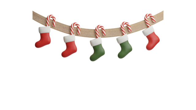 Festive Christmas garland with cozy red and green stockings, candy canes, elegant holiday decor, winter celebration background, joyful aesthetic for seasonal greetings and designs. - Powered by Adobe