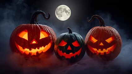 A spooky Halloween scene with a glowing pumpkin, apple, and orange, each carved with eerie faces, surrounded by mist, flying bats, and set against a haunted graveyard under a full moon.