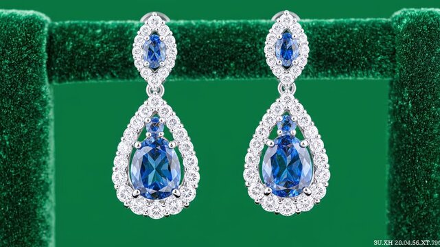 Sparkling blue and white earrings with an oval and pear shape design. Displayed on a green fabric