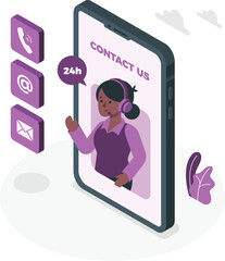 Woman with headset on smartphone screen contact us icons customer service support