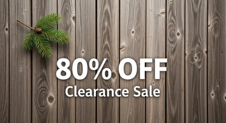 80 percent off clearance sale on wooden background with christmas tree branch