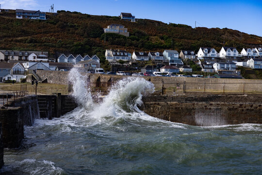 Waves hitting harbour wall, Porthreath, Cornwall