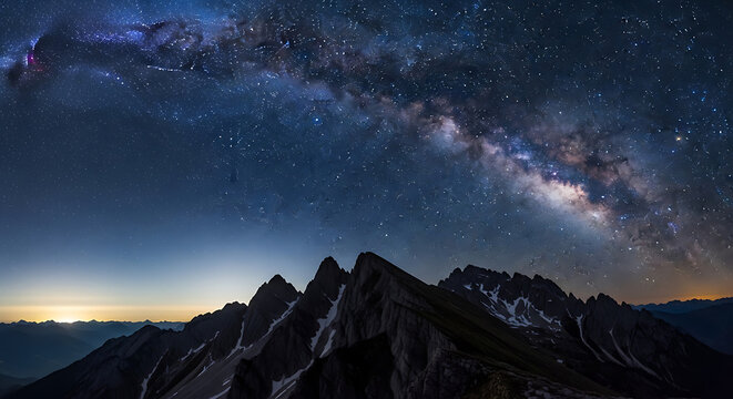 Milky way galaxy arches over jagged mountain peaks at night