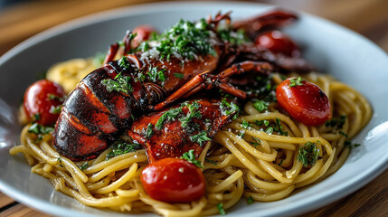 Close up lobster is on the top of spaguetti menu on the white dish.