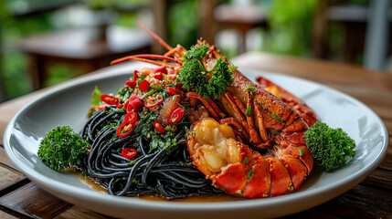 Black spaguetti and lobster menu on the white dish , food photography.