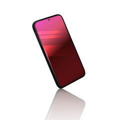 Modern smartphone with a vibrant red reflective screen isolated on a stark transparent background with subtle reflections.