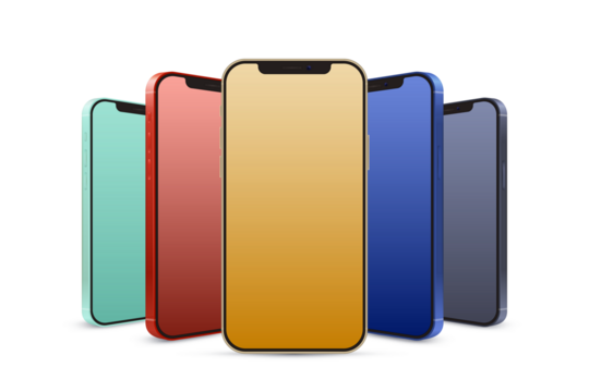 A striking arrangement of five modern smartphones in vibrant colors showcases their sleek design against a transparent background.