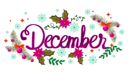 Festive December text illuminated with glowing neon pink lettering surrounded by sparkling snowflakes and winter foliage on a transparent background.