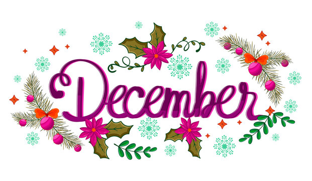 Festive December text illuminated with glowing neon pink lettering surrounded by sparkling snowflakes and winter foliage on a transparent background.