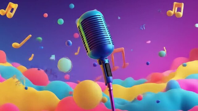 Colorful surreal stage with a vintage microphone amid neon hills and floating musical notes, bright