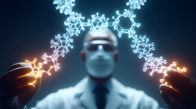 Futuristic science laboratory researcher molecule hologram innovation technology Scientist holds glowing molecule hologram lab, focused