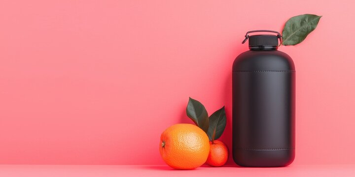 Fitness exercise regimen concept. A black bottle next to oranges on a pink background.