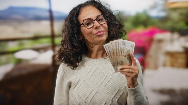 Woman holding russian rubles on a sunny restaurant terrace, suggesting financial success and relaxation outdoors.