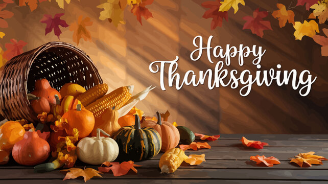 Vector art of happy thanksgiving greeting with a cornucopia overflowing with pumpkins, corn, and gourds on a rustic wooden table with autumn leaves