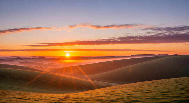 Golden sunrise over rolling hills and wispy clouds