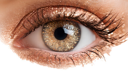 Sparkling golden eye makeup with a detailed iris, close-up macro shot.