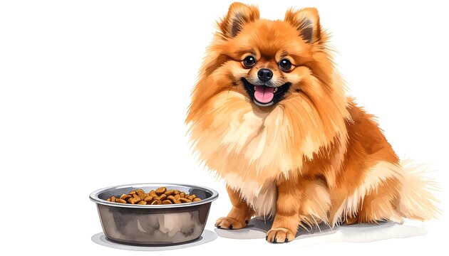A fluffy orange dog sits next to a silver bowl filled with food. Isolated on white with soft shading - Powered by Adobe