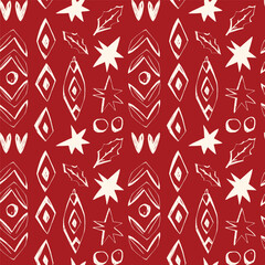 Red scandinavian christmas pattern with stars holly leaves hearts and geometric ornaments minimal nordic seamless vector