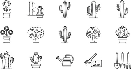Cactus and flower gardening line icons set, potted cactus, sunflower, garden tools, watering can, plant care outline illustrations