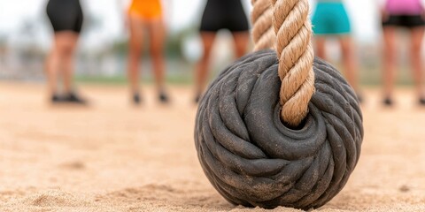 Fitness exercise regimen concept. Rope weight on sand with blurred figures exercising in the background.