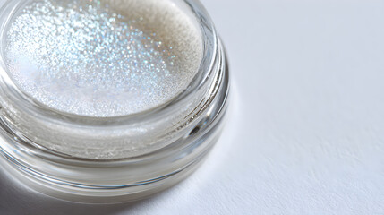 Close-up of shimmering pearlescent powder in a clear cosmetic pot, highlighting subtle iridescence and texture.