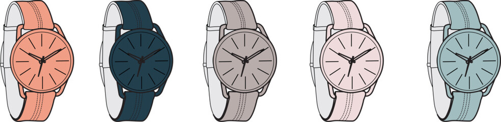 A Collection of Wristwatches Featuring Minimalist Dials and Soft-Colored Straps in a Linear Display