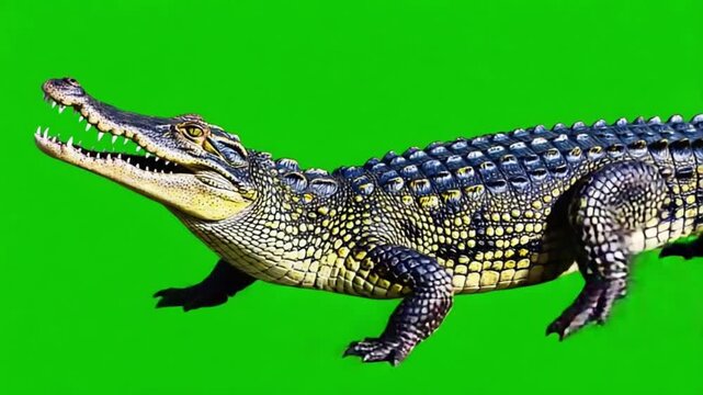 A full body shot of a crocodile with its mouth open on a green screen background in a studio crocodile green screen video