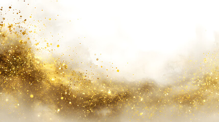 Sparkling golden dust particles swirling in a luminous, abstract cloud with a bright white background.