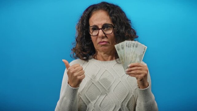 Middle-aged woman in uae holds dirhams and shows a puzzled expression against a blue isolated background, wearing glasses and a white sweater.