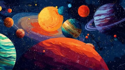 Vibrant space scene with a giant orange planet colorful orbiting worlds and rings twinkling cosmos - Powered by Adobe