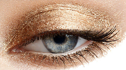 Close-up of a sparkling golden eyeshadow on a beautiful blue eye with long lashes.