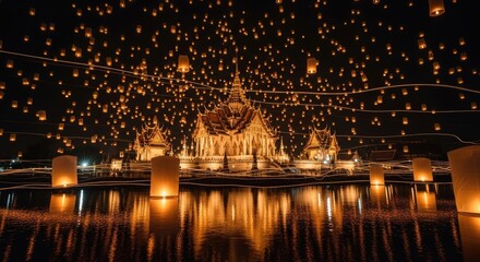 Spectacular Sky Lantern Festival Lights Up the Night with the Beautiful Reflections of a Thai Temple in the Water