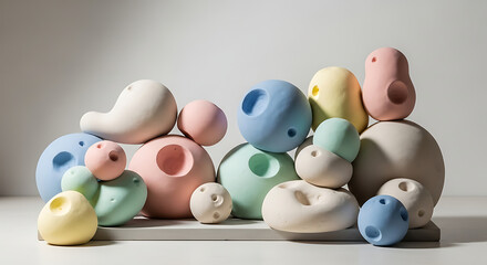 Soft pastel colored baby toys arranged in a gentle pile