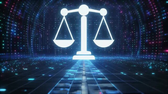 A digital scales symbol representing justice in a futuristic environment with glowing lights and data patterns.