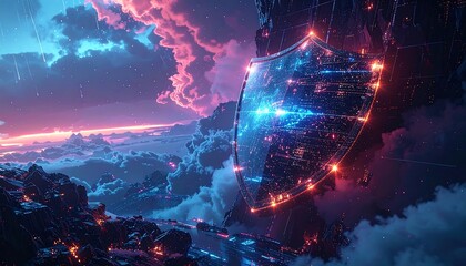 A digital shield floats over a cloudy, rocky landscape under a pink & blue twilight sky with falling star effects