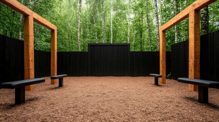 Fitness exercise regimen concept. Empty outdoor space with wooden structures and benches, surrounded by trees.
