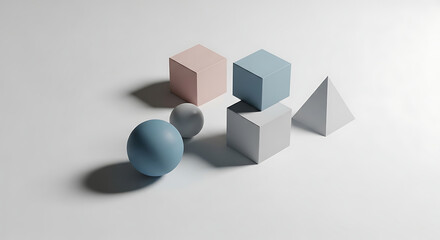 Minimalist geometric shapes casting soft shadows on a white background