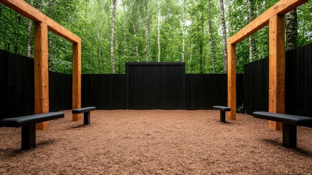 Fitness exercise regimen concept. Empty outdoor space with wooden structures and benches, surrounded by trees.