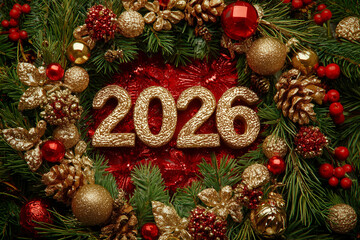 Christmas Wreath Surrounding Golden 2026, Elegant Holiday Background