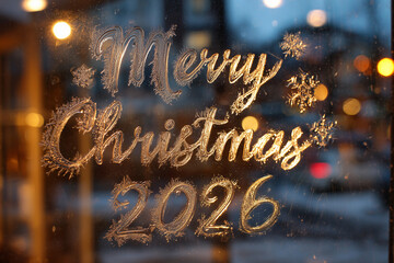 Frosty Window Glass with Glowing Warm "Merry Christmas 2026" — Cozy Winter Holiday Background